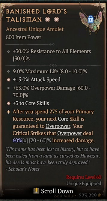 Diablo 4 [Season 11 Softcore] Amulet - BANISHED LORD'S TALISMAN #393177