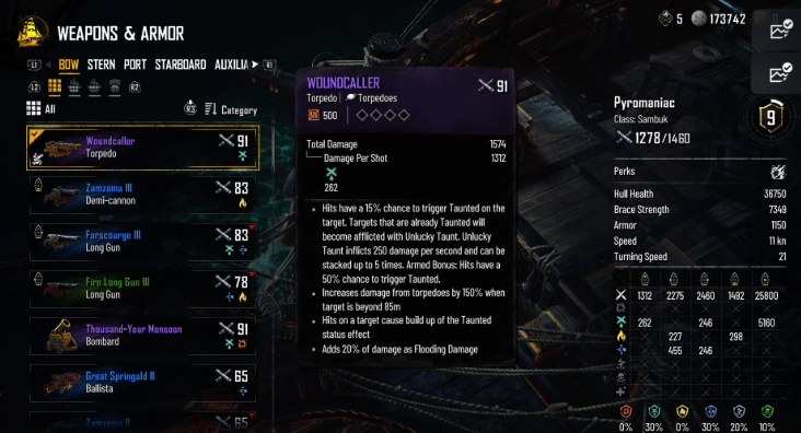 Sambuk equipped with fire-focused weapons including Nashcars and burning damage upgrades in Skull and Bones.