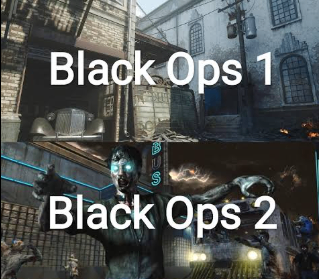 A side-by-side visual comparison of Black Ops 1 and Black Ops 2 multiplayer, highlighting their iconic maps, weapons, and HUDs.