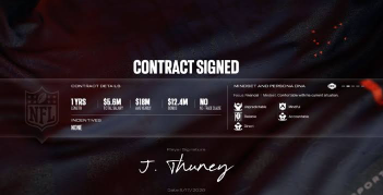 A Franchise Mode salary cap management screen displaying contract restructuring, guaranteed money, and roster planning.