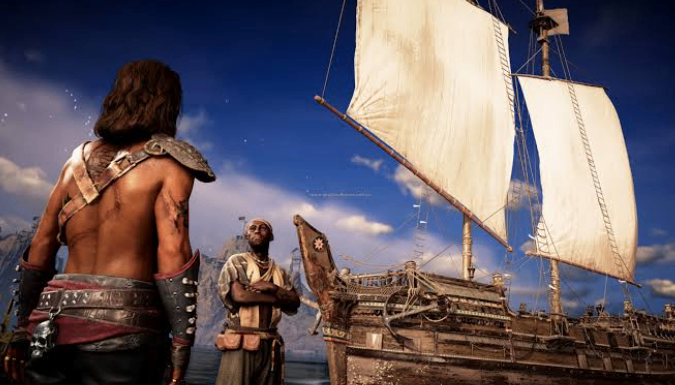 Skull and Bones Sambuk ship stats showing hull health, brace strength, armor, and upgrade level for the fire damage build.