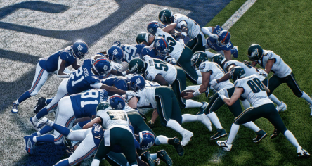 A Madden Ultimate Team gameplay scene highlighting offensive adjustments, defensive formations, and strategic play calling.