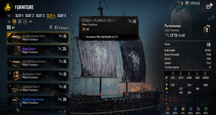 The recommended Sambuk skill tree setup focusing on fire damage, penetration, weak point damage, and specialized munitions in Skull and Bones.