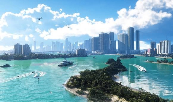 A detailed Vice City environment showing vehicles, buildings, and the expanded open-world design expected in GTA VI.