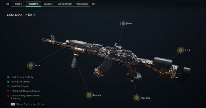 Weapon calibration menu showing ADS speed, firing stability, and control adjustments.