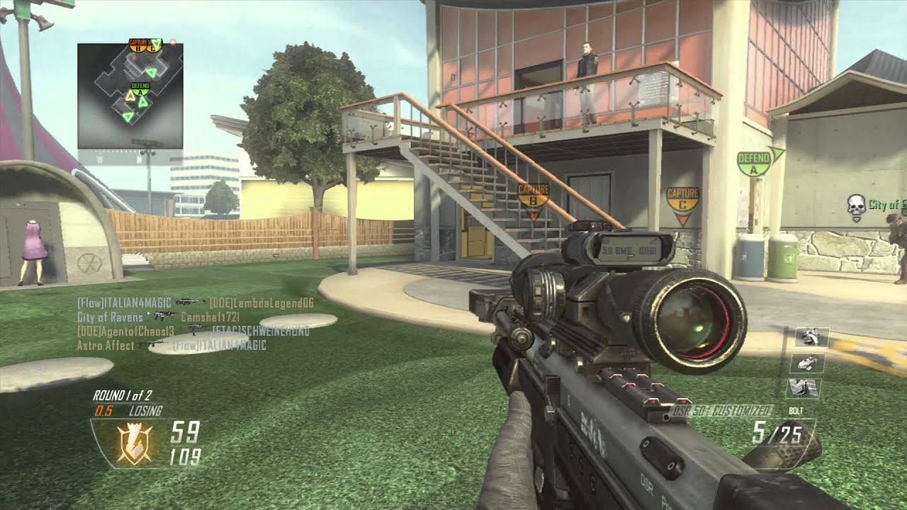 A Black Ops 1 sniper aiming down sights during a tense multiplayer encounter.