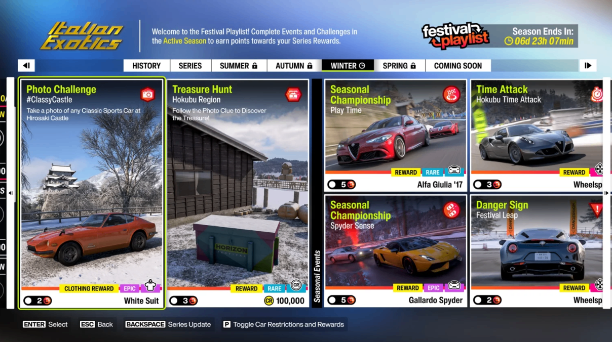 Forza Horizon 6 Series 3 Winter Festival Playlist guide,FH6 Italian Exotics Winter Season challenges & rewards,Forza Horizon 6 Hokubu Treasure Hunt location,FH6 Classy Castle photo challenge tutorial,buy Forza Horizon 6 Credits,Forza Horizon 6 Credits