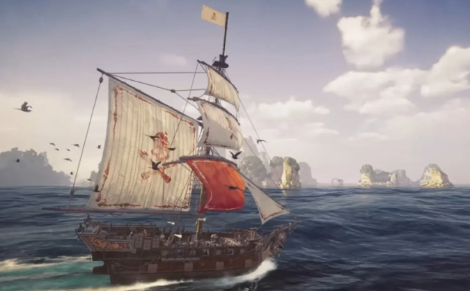 A Sambuk ship in Skull and Bones using a powerful fire damage build with burning cannons during naval combat.
