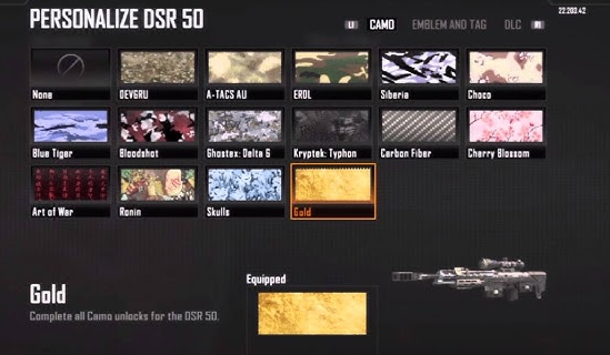 Unlocking diamond camouflage in Black Ops 2 requires completing gold challenges across different weapon categories.