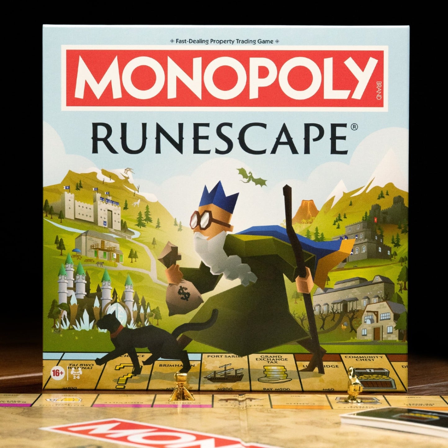 The RuneScape Monopoly board showcasing Lumbridge, Varrock, Canifis, Prifddinas, and other famous Gielinor locations.
