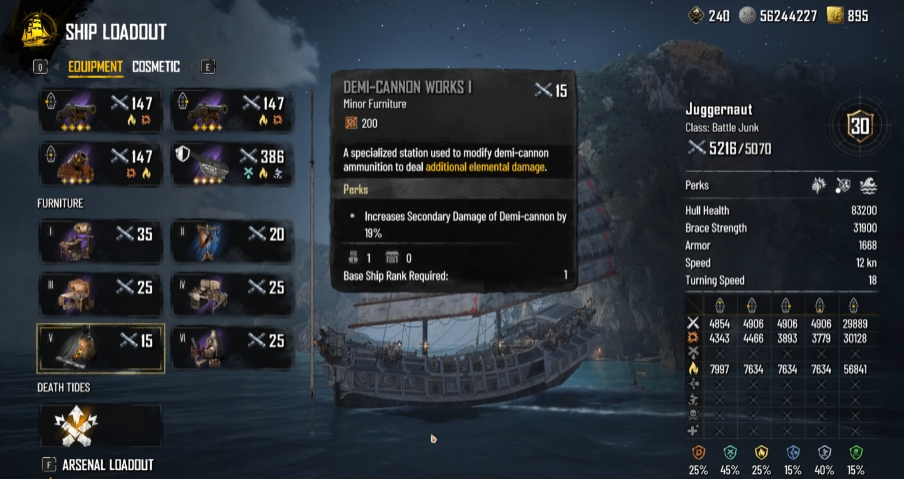 Skull and Bones best ship build, endgame ship, PvE build, Combustion weapons, Fire DPS setup, Overpowered ship build