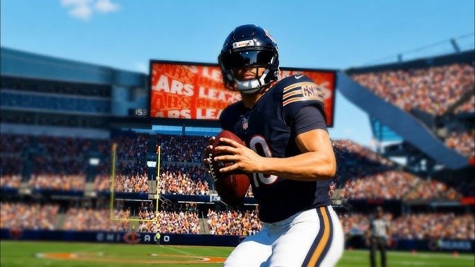 Madden 27 defenders reacting to a quarterback scrambling outside the pocket and attaching to receivers during a broken play.