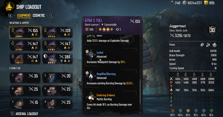 Skull and Bones best ship build, endgame ship, PvE build, Combustion weapons, Fire DPS setup, Overpowered ship build