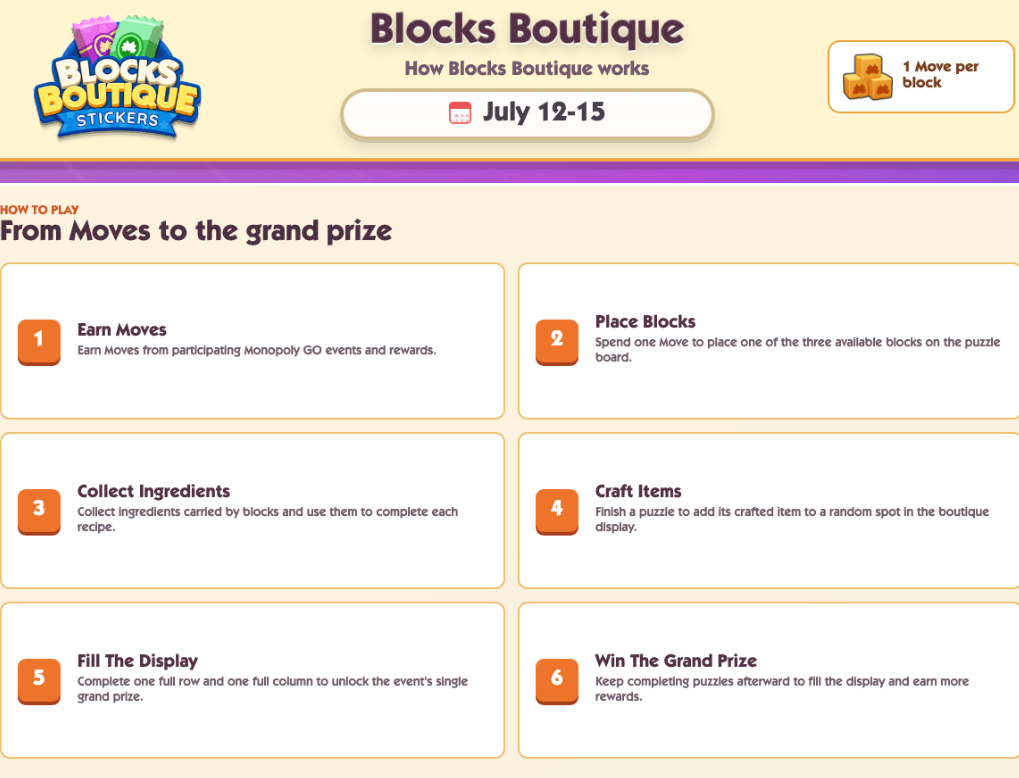 Monopoly GO Blocks Boutique event guide,Monopoly GO Blocks Boutique moves crafting rewards tips,Monopoly Go Dice,Monopoly Go Stickers,buy Monopoly Go Stickers,Monopoly GO Blocks Boutique Wild Sticker grand prize