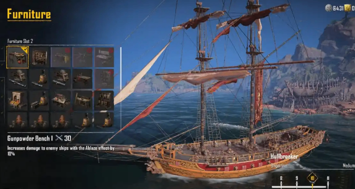 Skull and Bones Galleon furniture setup for damage and defense bonuses