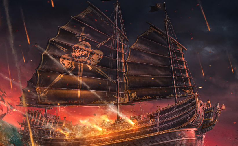Concept artwork showcasing the Crimson Waters (Abyss) region, featuring dangerous enemy fleets, dark seas, and challenging new boss encounters.