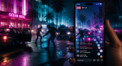 GTA 6 trailer footage showing characters using phones and creating social media-style content throughout the Vice City-inspired world.