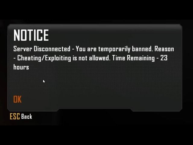 Black Ops 2 security review showing a temporary ban message before legitimate player accounts are restored.