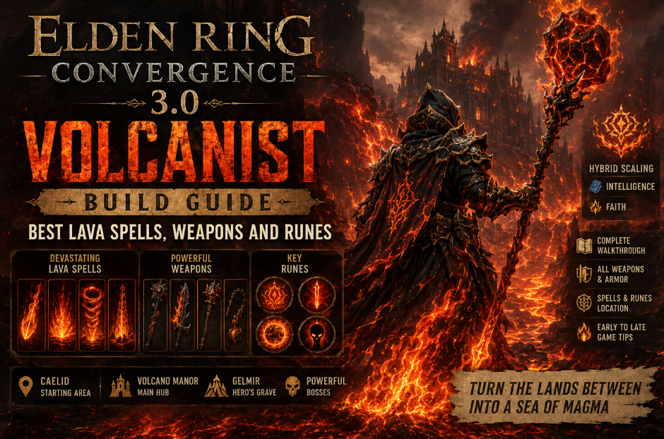Elden Ring Convergence 3.0 Volcanist Build,Elden Ring Volcanist lava spells guide,Convergence 3.0 Volcanist weapons,Elden Ring Volcanist early game setup,Elden Ring magma build guide,Volcanist class progression Convergence 3.0,Elden Ring Runes Volcanist build leveling