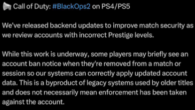 Overview of the latest Black Ops 2 backend security update designed to detect hacked prestige levels and protect multiplayer accounts.