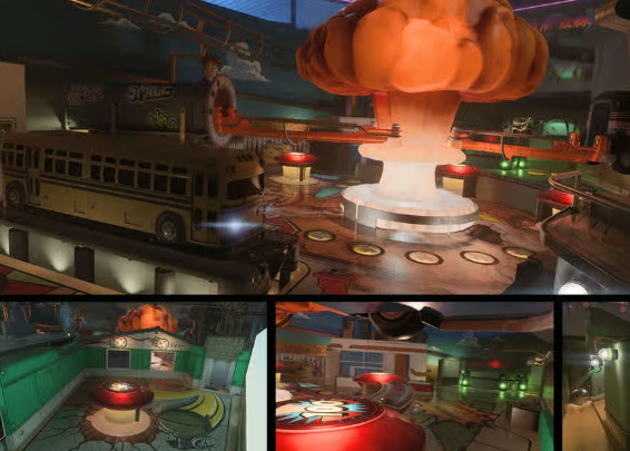 Turbo Tilt multiplayer map in Black Ops 7 featuring a Nuketown-themed pinball machine with dynamic environmental hazards.