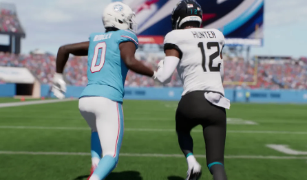 Showcase the latest gameplay presentation featuring offensive and defensive players during a contested catch.