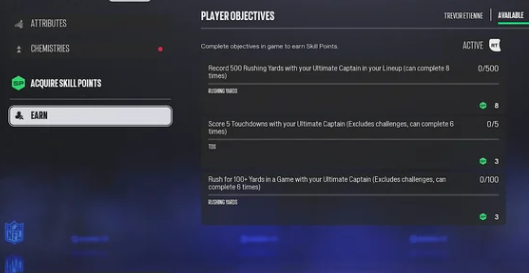 Madden NFL 27 Ultimate Captain EVO system showing how eligible core players can be upgraded through objectives and skill points.