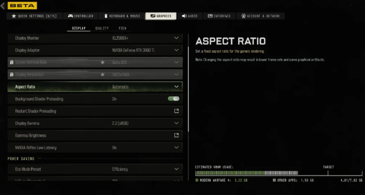 CoD MW4 competitive settings showing controller, graphics, movement and aiming options for the beta