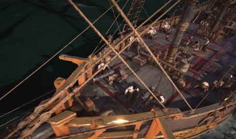 Skull and Bones Galleon furniture setup featuring Inverted Flag Rack, Plague Bringer’s Ward, Charge Stores, and other toxic damage bonuses.