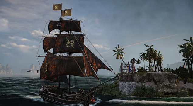 A preview of the new Junk ship in Season 5, highlighting its fire-themed design, 14 broadside gunports, and powerful single-target DPS potential.