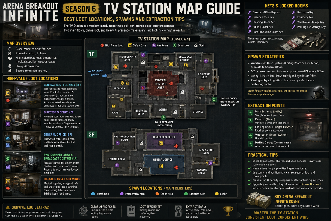 Arena Breakout Infinite Season 6 TV Station map guide,Arena Breakout Infinite TV Station best loot locations,TV Station spawn points & key‑locked rooms Arena Breakout Infinite,Arena Breakout Infinite TV Station extraction tips,Central Control Director's Office General Office TV Station loot,Arena Breakout Infinite TV Station raid rotation strategy,Arena Breakout Infinite Season 6 TV Station PvP raid guide