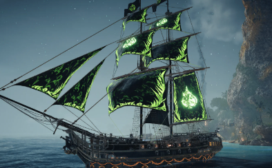 Skull and Bones new ship Junk showing the large ship DPS build and combat setup.