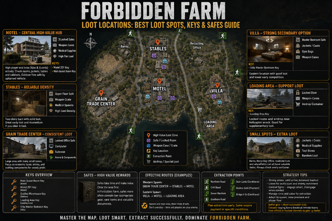 Arena Breakout Infinite Forbidden Farm loot locations,Forbidden Farm best loot spots keys safes guide,Arena Breakout Infinite Motel 201 Key loot,Forbidden Farm Stables safe & weapon crate,Grain Trade Center Forbidden Farm loot route,Forbidden Farm Villa master bedroom safe,buy Arena Breakout: Infinite Koens,Arena Breakout: Infinite Koens