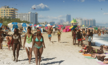 GTA 6 Vice Beach packed with NPCs, swimmers, jet skis, beachgoers and groups of characters.