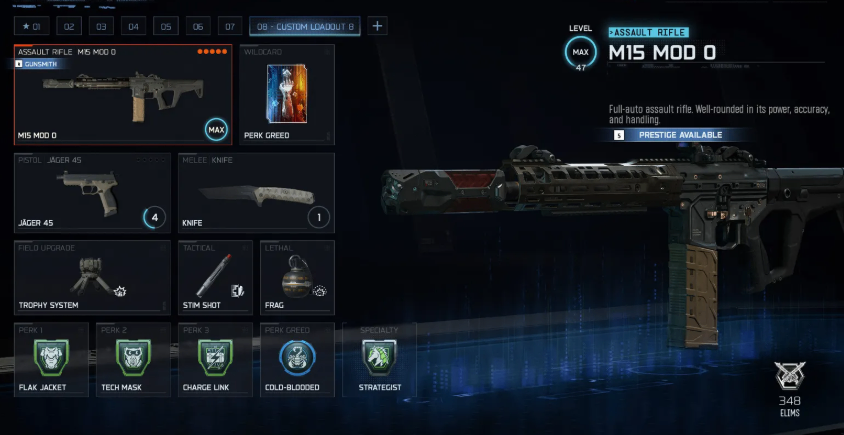 The recommended M15 attachment setup in COD Black Ops 7 Ranked Play including the ELO Sight, Hybrid Barrel, Wanderer 3-V Stock, and Buffer Spring.