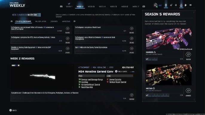 Screenshot displaying the Week 2 challenge menu and the Novaline Conversion Kit inspired by the M1 Garand.