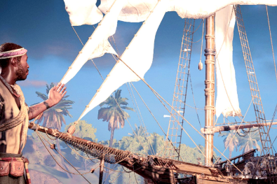 Skull and Bones Hall Breaker Brigantine sailing with its recommended combat setup
