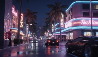 GTA 6 Vice City at night with detailed roads, buildings, vehicles, and waterways