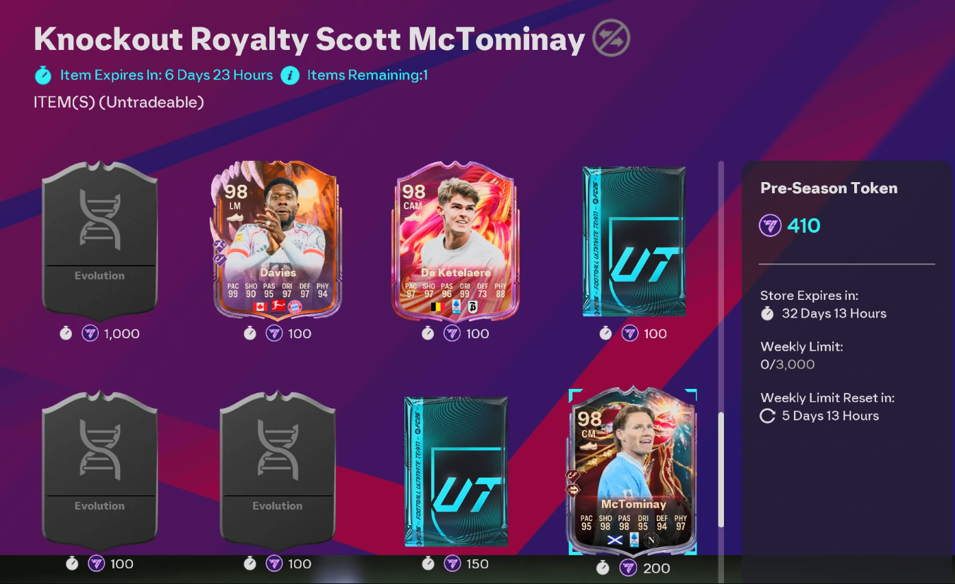 FC 26 Ultimate Team Knockout Royalty store update,FC 26 98 Scott McTominay Knockout Royalty card,FC 26 Pre-Season Token store items guide,FC 26 98 Davies De Ketelaere Knockout Royalty cards,How to maximize Pre-Season Token value FC 26,FC 26 Coins,buy FC 26 Coins