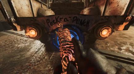 Pack-a-Punch area in BO7 Zombies with the two braziers activated during the Rex Infernus Wonder Weapon quest.