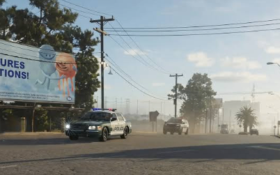 GTA 6 driving gameplay with a wanted level, vehicle damage, and police pursuit
