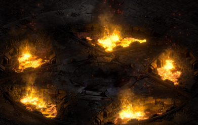 A dark Diablo-inspired scene featuring a mysterious new area, demonic enemies, and a possible Act 6 setting.