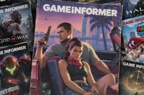 Rockstar's original Game Informer cover artwork features GTA 6 protagonists Jason Duval and Lucia Caminos.