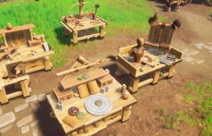 A RuneScape Dragonwilds base with multiple crafting stations arranged together for efficient resource processing and storage.