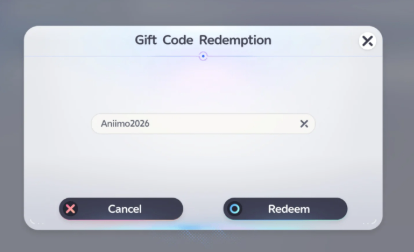 Aniimo's in-game gift code redemption interface where players can enter active codes and claim free rewards.