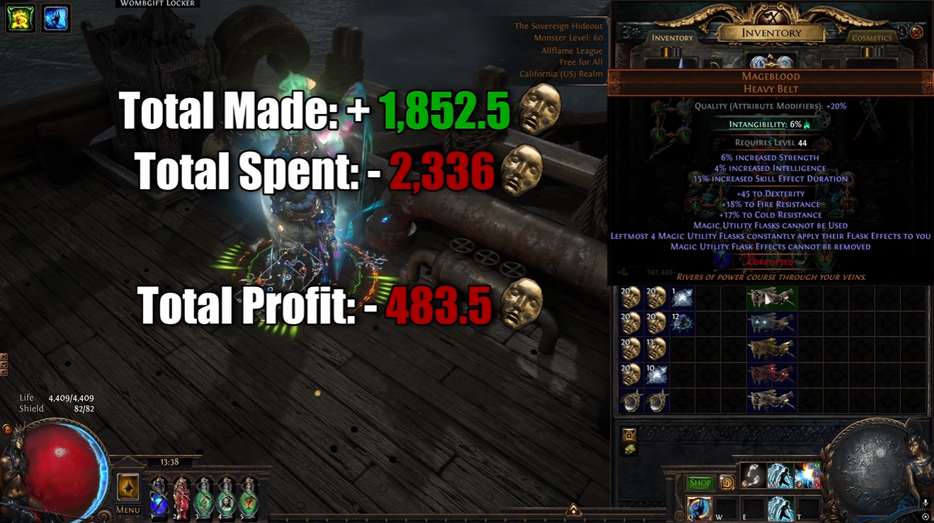 POE 3.29 end league gamble, Message in a Bottle 3.29 profit, Mageblood double corrupt 3.29 results, POE high divine gamble risk, 3.29 end league currency farming, POE Currency