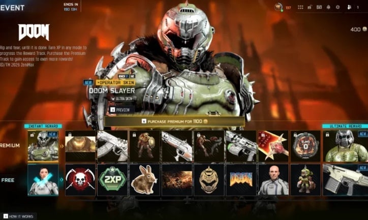 The DOOM Event Pass offers separate Free and Premium progression, including the Roc 20mm on the Free Track and Doom Slayer, Doom Guy, BFG and Crucible-themed rewards on the Premium Track.