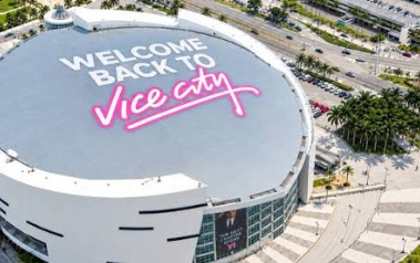 Rockstar's massive “Welcome to Vice City” GTA 6 marketing sign installed on the roof of Miami's Kaseya Center.