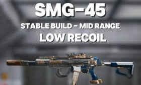 SMG45 weapon customization screen showing attachments focused on recoil control, stability, and fast ADS speed.