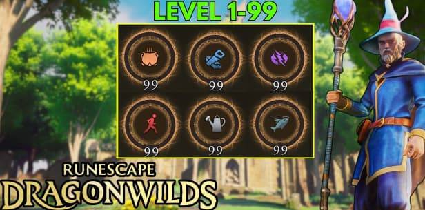 The Dragonwilds skill interface showing how skills progress toward Level 99 and unlock new abilities.